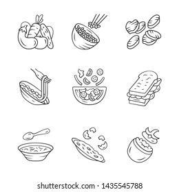 Restaurant menu dishes linear icons set. Salads, soup, main dishes. Rice, omelette, sandwich. Nutritious food. Thin line contour symbols. Isolated vector outline illustrations. Editable stroke