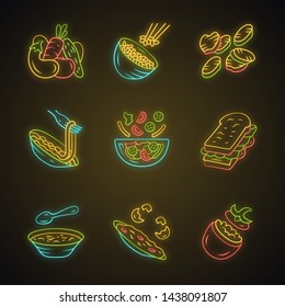 Restaurant menu dishes neon light icons set. Salads, soup, main dishes. Rice, grilled vegetables, omelette, pasta, sandwich. Nutritious food. Glowing signs. Vector isolated illustrations