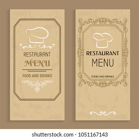 Restaurant menu with drinks and food templates. Menu of vintage design with chef hat logo. Prestigious restaurant menus covers vector illustrations.