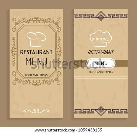 Restaurant menu with drinks and food templates. Menu of vintage design with chef hat logo. Prestigious restaurant menus covers vector illustrations.