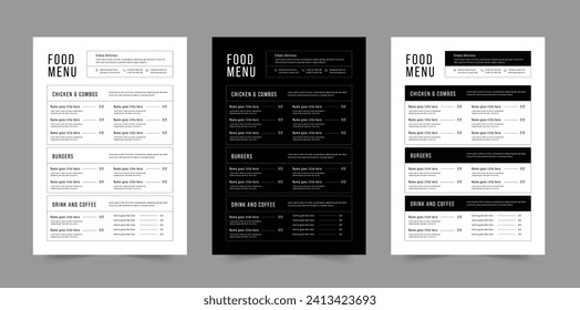 Restaurant Menu Fast Food and Wine Menu Layout in Three Colors