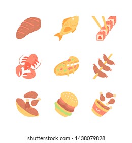 Restaurant menu flat design long shadow color icons set. Fast food, italian and mediterranean cuisine. Pizza, lobster, steak, burger, sushi, sausages, chicken legs. Vector silhouette illustrations