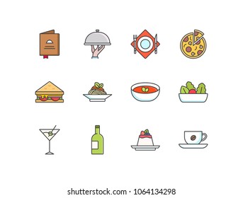 Restaurant menu flat line colored icons set main course, pizza, sandwich, pasta, soup, salad, alcoholic cocktail, wine, dessert, coffee.