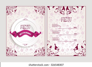 Restaurant menu with floral design elements and white plate