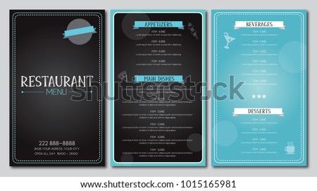 Restaurant menu flyer template design vector black and blue font outlined is Armata and Skrawk Serif
