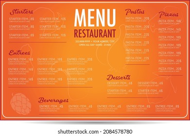 Diseño de plantilla de menú de restaurante diseño de plantilla de diseño de fondo naranja los tipos de letra europa light y armonia script