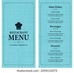 Restaurant menu, food and drinks. Card menu on a retro design style. Vector illustration