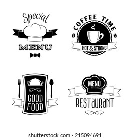 Restaurant menu food and drinks emblems black and white set isolated vector illustration.