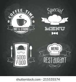 Restaurant menu food and drinks emblems black chalkboard set isolated vector illustration.