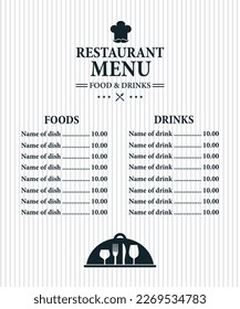 Restaurant menu food and drinks retro style design on a white background. Vector illustration