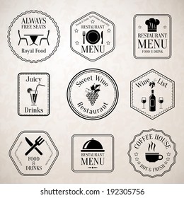 Restaurant menu food and drinks wine list black labels set with serving elements isolated vector illustration