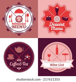 Restaurant menu food and drinks wine list labels set isolated vector illustration