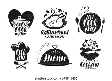 Restaurant, Menu, Food Label Set. Cooking, Kitchen, Cuisine Icon Or Logo. Lettering, Calligraphy Vector Illustration