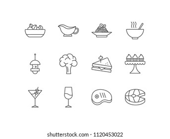 Restaurant menu food line icons set with salad, sauce, pasta, soup, appetizer, vegetarian, sandwich, dessert, cocktail, wine, meat, fish.