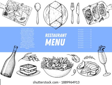 Restaurant menu. Food top view. Sketch illustration. Hand drawn. Food menu design template. Hand drawn sketch vector illustration.	