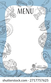 Restaurant menu frame with hand drawn seafood border in blue ink style