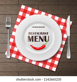 Restaurant menu front banner with plate and cutlery set on napkin. realistic Restaurant menu background advertisement poster vector illustration