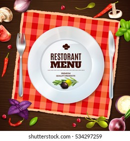 Menú de restaurante primera página con plato y cubiertos establecidos en la servilleta publicidad de fondo realista ilustración vectorial de afiche vectorial