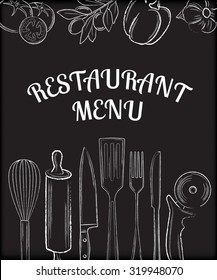 Restaurant menu front page with white chalk hand-drawn kitchenware and food on black background vector illustration