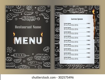 Restaurant menu with grill- barbecue hand drawn doodle elements. Vector illustration for menu, posters, prints, banners, web design, covers
