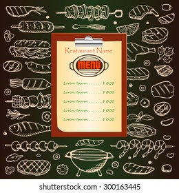 Restaurant menu with grill hand drawn doodle elements and clipboard. Vector illustration for menu, posters, prints, banners, web design, covers