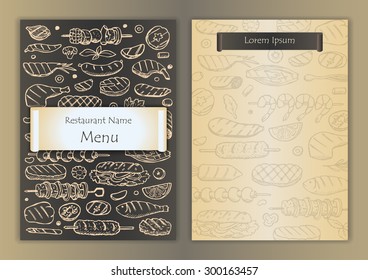 Restaurant menu with grill hand drawn doodle elements. Vector illustration for menu, posters, prints, banners, web design, covers