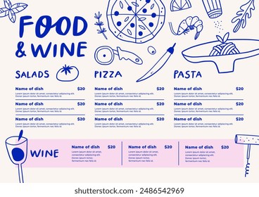 Restaurant menu hand drawn design. Cafe price catalog with food linear sketches. Vector illustration