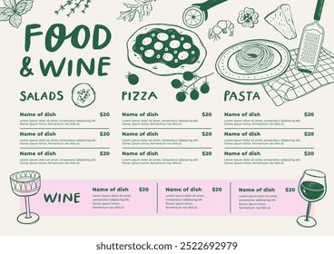 Restaurant menu hand drawn design. Cafe price catalog with food linear sketches. Vector illustration