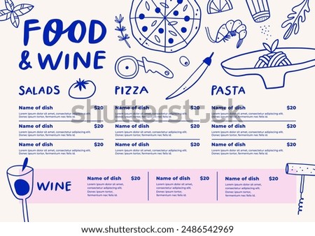 Restaurant menu hand drawn design. Cafe price catalog with food linear sketches. Vector illustration