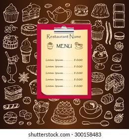 Restaurant menu with hand drawn doodle elements and clipboard. Vector illustration for menu, posters, prints, banners, web design, covers