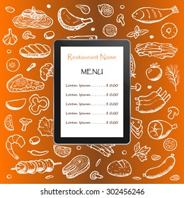 Restaurant menu with hand drawn doodle elements and tablet computer. Vector illustration for menu, posters, prints, banners, web design, covers 