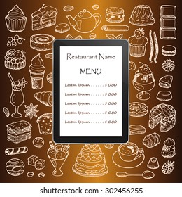 Restaurant menu with hand drawn doodle elements and tablet computer. Vector illustration for menu, posters, prints, banners, web design, covers