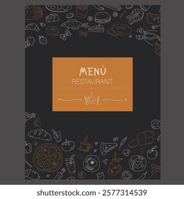 Restaurant menu with hand drawn seafood, fast food, pizza and others doodle elements. Vector illustration for menu, posters, prints, banners, web design, covers. 