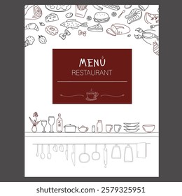 Restaurant menu with hand drawn seafood, fast food, pizza and others doodle elements. Vector illustration for menu, posters, prints, banners, web design, covers. 