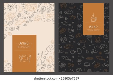 Restaurant menu with hand drawn seafood, fast food, pizza and others doodle elements. kitchen utensils and various delicious. Vector illustration for menu, posters, prints, banners, web design, covers