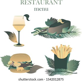 Restaurant Menu Healthy Vegan Green Wine Meal Chips Hamburger