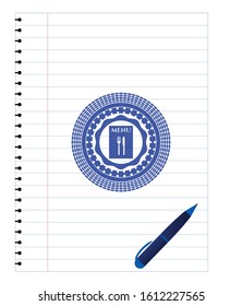 restaurant menu icon draw with pen effect. Blue ink. Vector Illustration. Detailed.