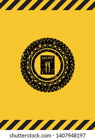 restaurant menu icon grunge black emblem with yellow background, warning sign. Vector Illustration. Detailed.