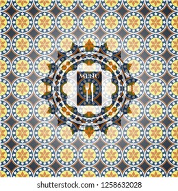 restaurant menu icon inside arabic badge background. Arabesque decoration.