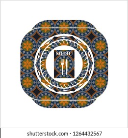 restaurant menu icon inside arabic badge. Arabesque decoration.