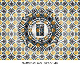 restaurant menu icon inside arabic badge background. Arabesque decoration.