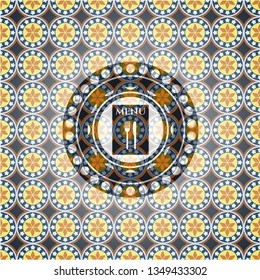 restaurant menu icon inside arabic style badge. Arabesque decoration.