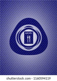 restaurant menu icon inside badge with denim background