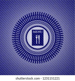 restaurant menu icon inside badge with denim texture