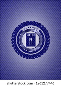 restaurant menu icon inside badge with denim background
