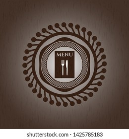 restaurant menu icon inside badge with wood background