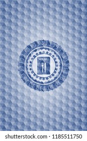 restaurant menu icon inside blue emblem with geometric pattern background.