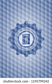 restaurant menu icon inside blue emblem or badge with abstract geometric pattern background.