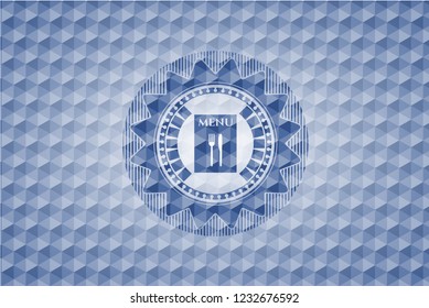 restaurant menu icon inside blue hexagon emblem.