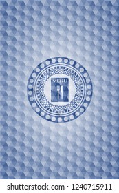 restaurant menu icon inside blue emblem with geometric pattern background.